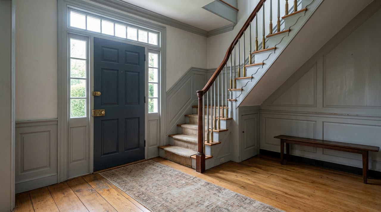 Colonial entry hall with paneled gray wainscoting, a rising staircase, and a front door with transom and sidelight.