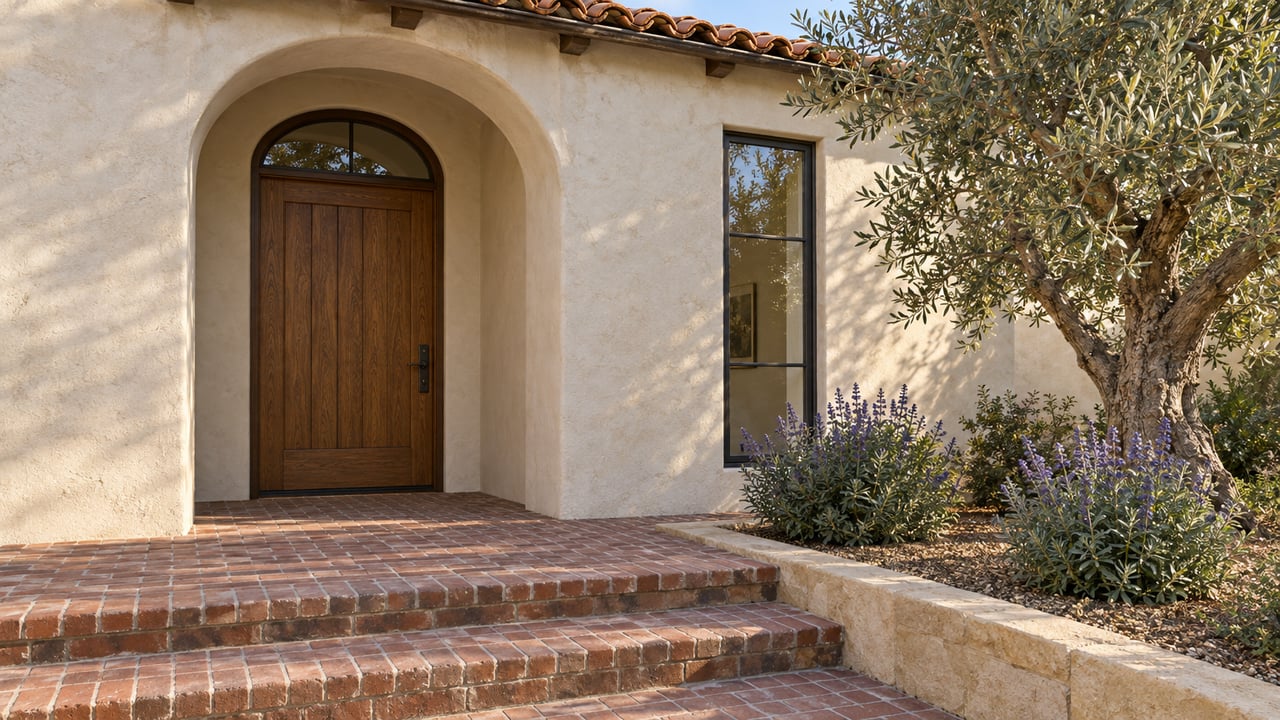 Cream stucco villa entrance with an oak door, clay tile eave, brick steps, and a mature olive tree.