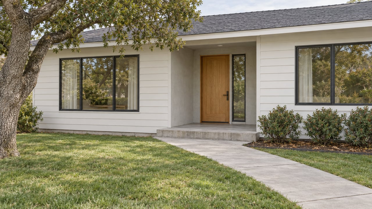 Updated single-story home with warm-white siding, an oak entry door, broad windows and a deep front lawn beneath an oak canopy.