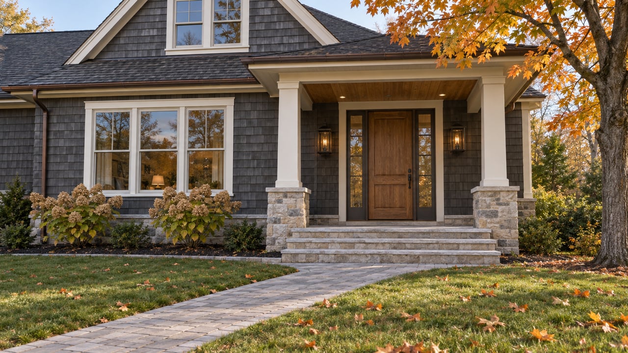 Charcoal-shingled home with an oak front door, limestone steps, a paver approach and an autumn maple beside the lawn.