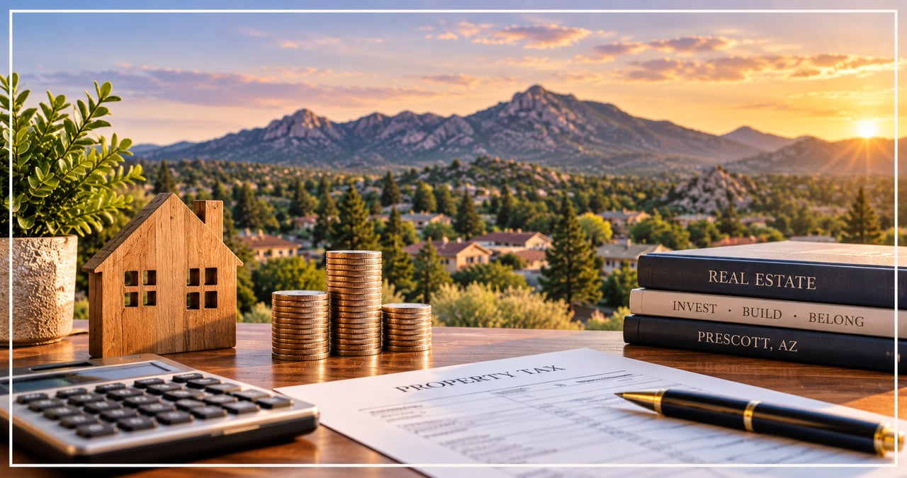 Prescott AZ real estate and property tax planning with home, calculator, and coins.