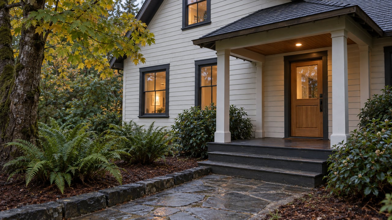 An ivory clapboard cottage with warmly lit windows, a covered timber porch and a damp stone approach beneath autumn maple leaves.