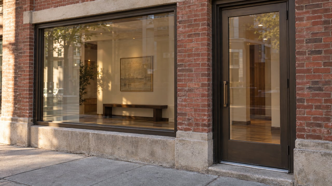 Older red-brick storefront with a dark-framed display window and glazed entry door.