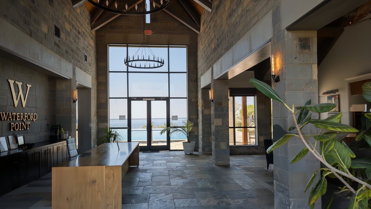Entry to Waterford Point Clubhouse overlooking the Infinity Pool and Lake Lewisville.