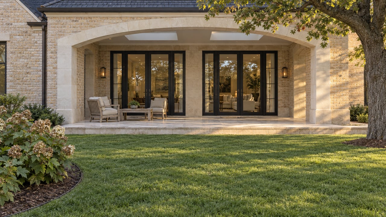 Buff-brick home with a limestone-arched terrace, black-framed glass doors, teak chairs and a deep lawn beneath a mature oak.