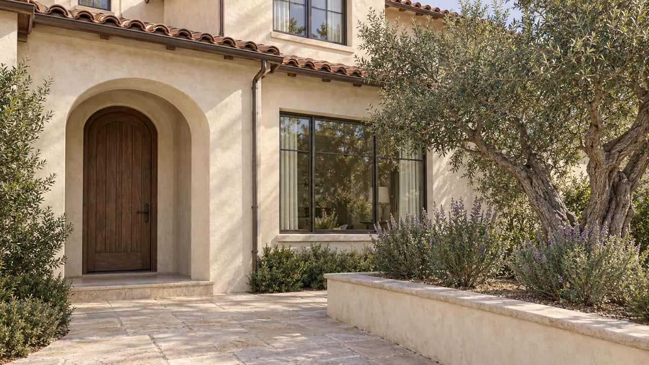 Ivory stucco home with a recessed oak entry, weathered clay roof tiles and a limestone approach beside a mature olive tree.