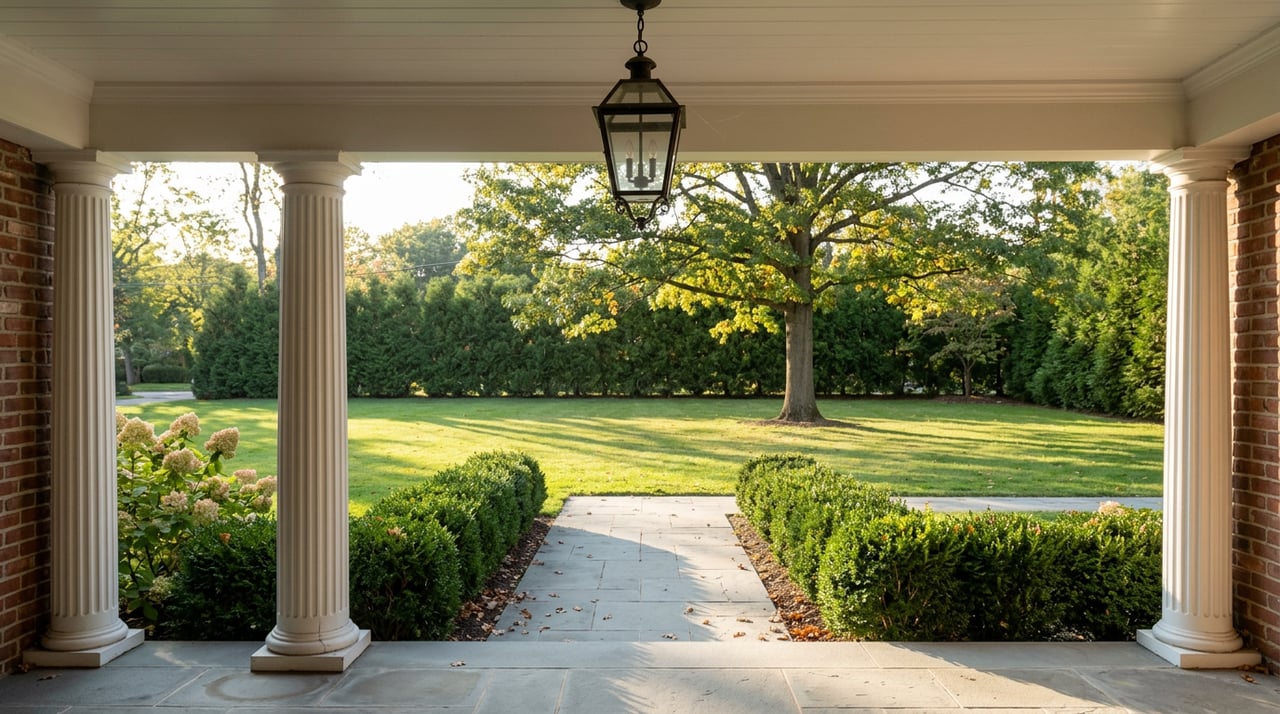 White-columned portico frames a broad lawn, boxwood-lined walk, oak with golden leaves, and distant hedge.