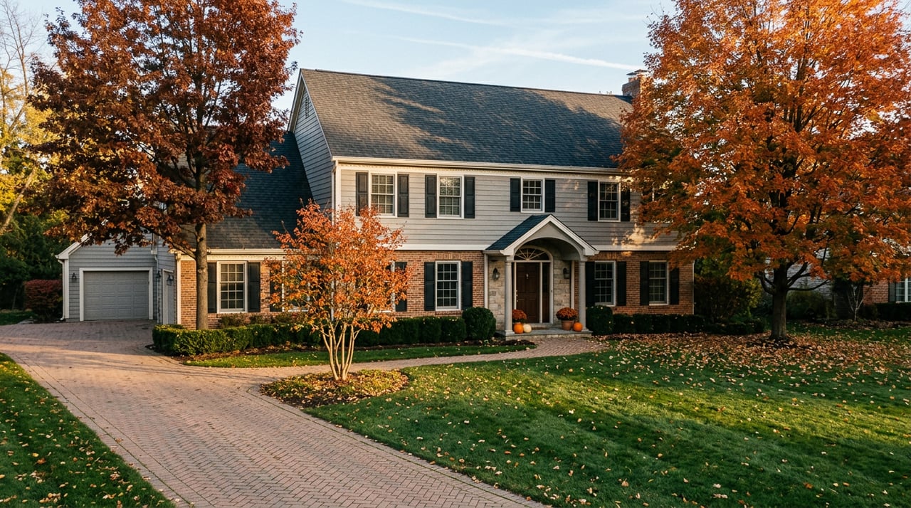 Colonial brick-and-stone home with a curved paver driveway, autumn trees, and long shadows across the lawn.