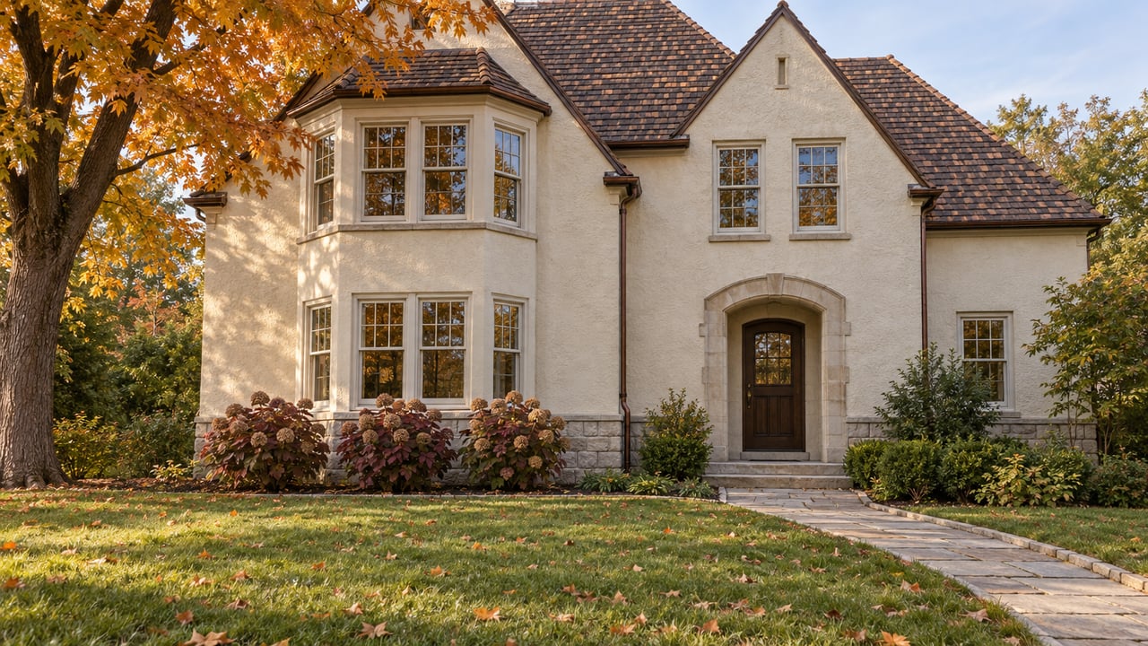 A maintained ivory-stucco older home with clay-tile gables, an oak entry and a deep autumn lawn beneath a sugar maple.