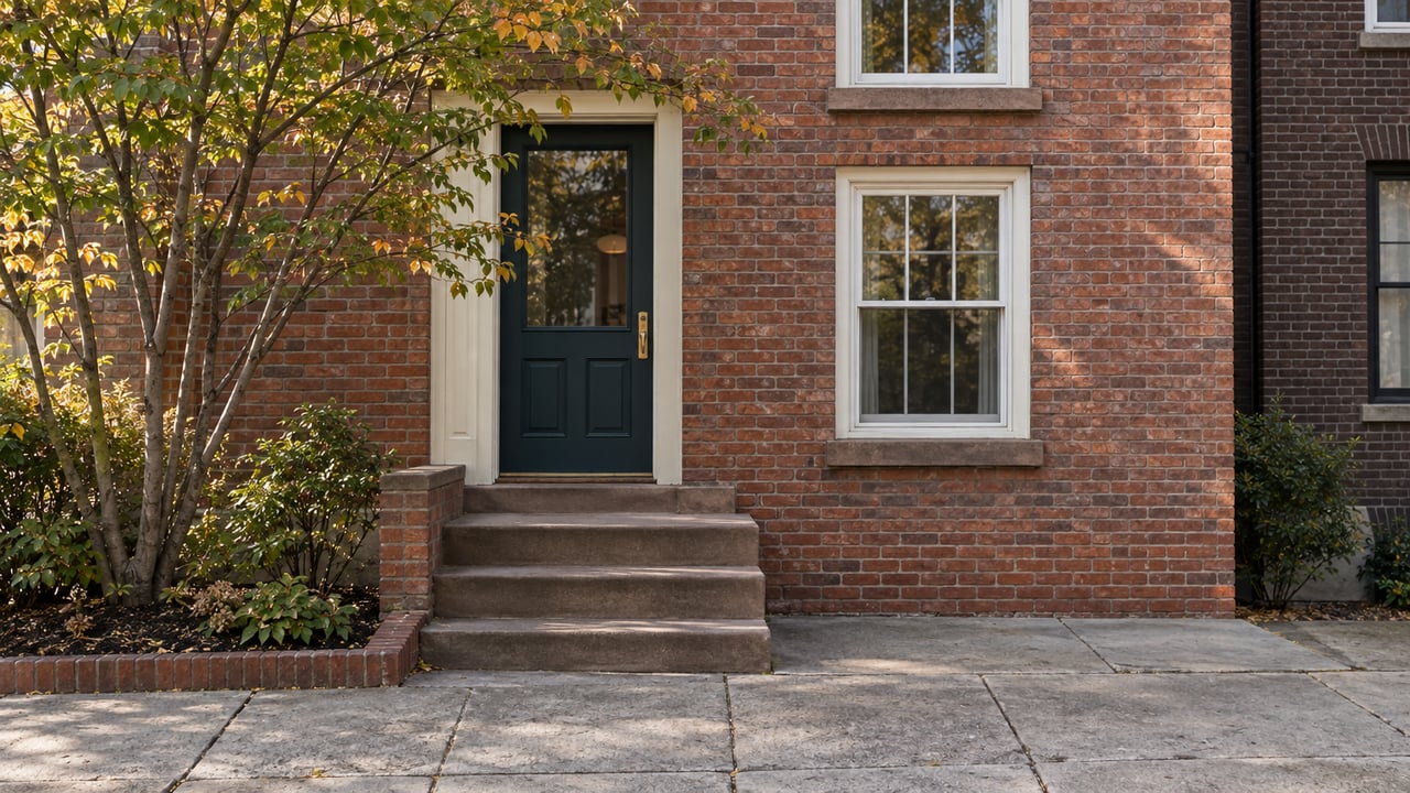 Brick home with a deep blue-green door, worn stone stoop, and small autumn tree beside the sidewalk.