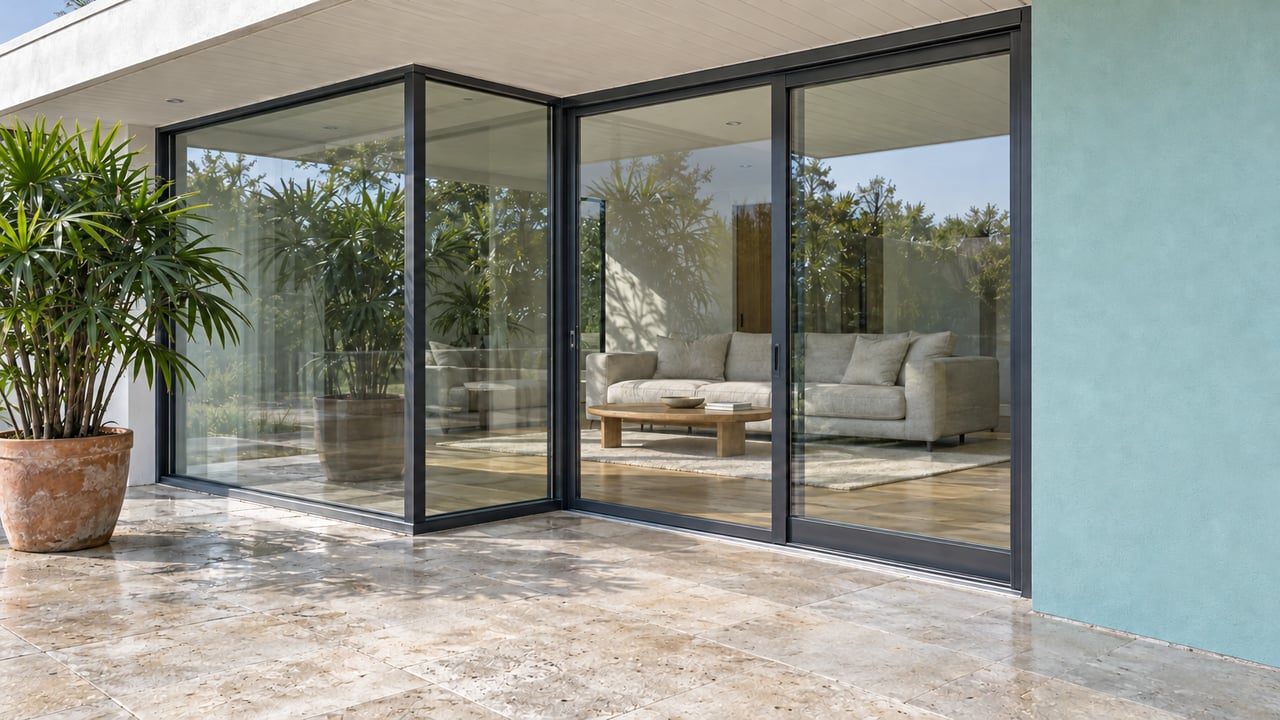 A limestone terrace and potted lady palm outside a pale-aqua home, with closed glass sliding doors enclosing a bright living room.