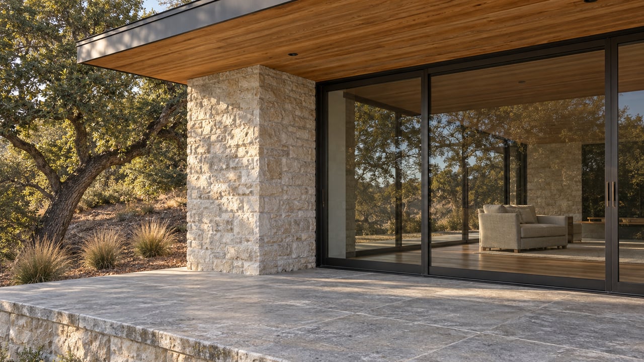 A sheltered limestone terrace beside dark-framed glass doors, a cedar soffit, and a mature oak on a dry planted slope.