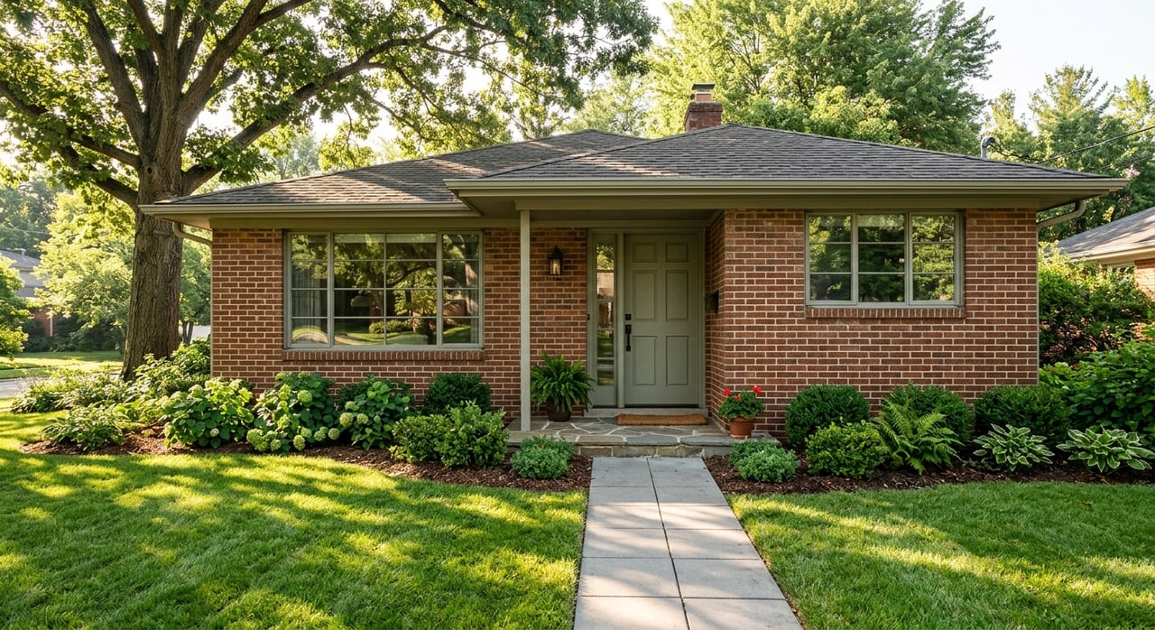 Aged red-brick house entry with a walnut door, cream casement windows, concrete walkway, and mature tree canopy.