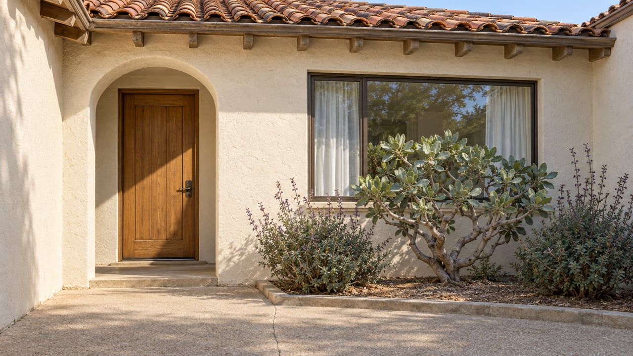 Cream stucco home with a terracotta roof, recessed timber entrance and a sculptural fan aloe beside a sandy concrete approach.