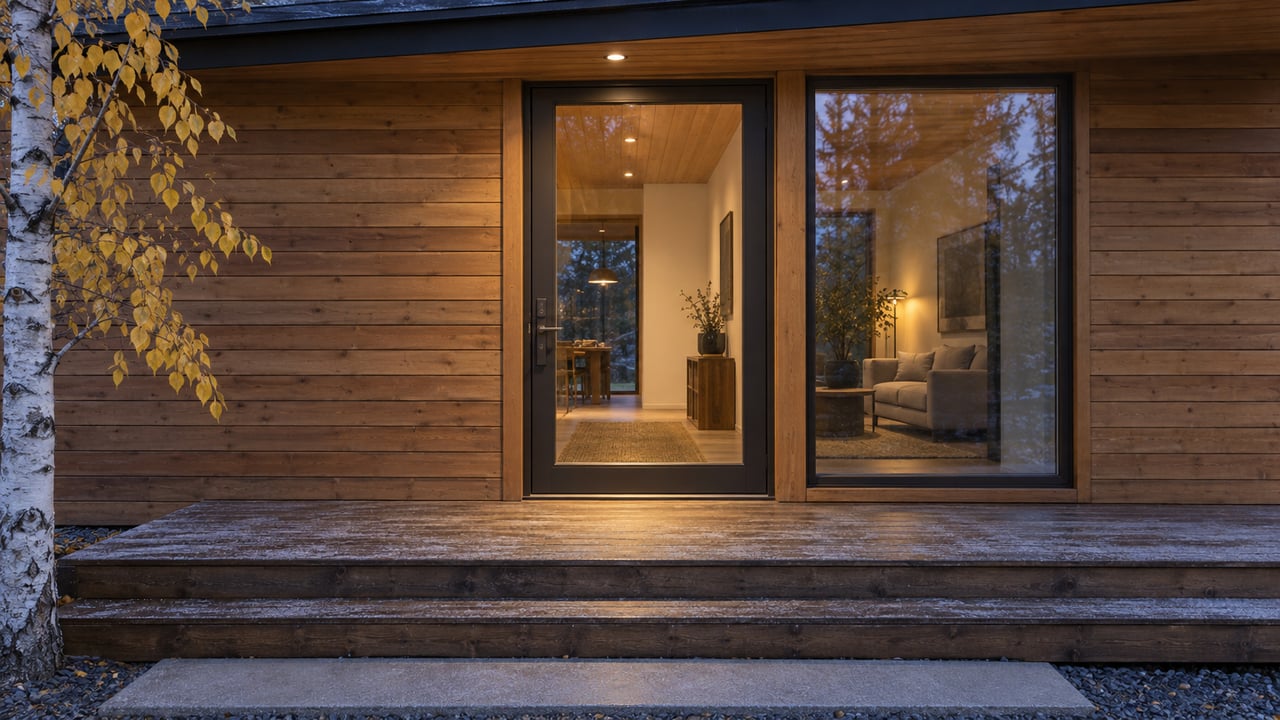 Cedar-clad entry with a glazed bronze-framed door, warm interior light, two steps, and a birch trunk.