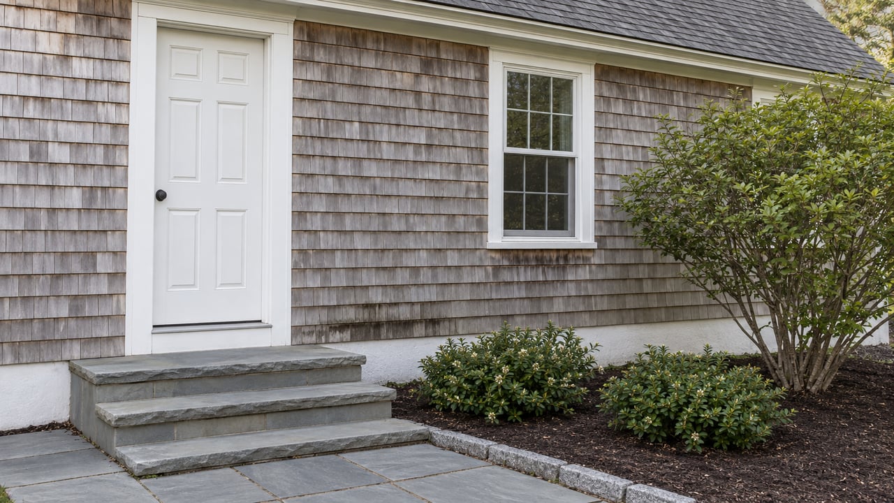 Cedar-shingle Cape entry with a white door, double-hung window, bluestone steps, and shrubs in a mulched garden.