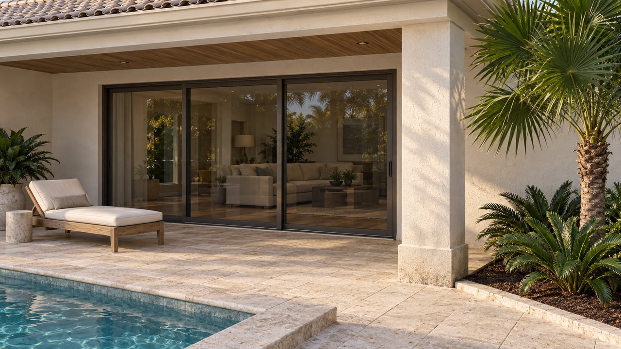 Warm-white stucco home with closed bronze-framed sliders, a limestone lanai, teak lounge and blue-green pool corner beside a fan palm.