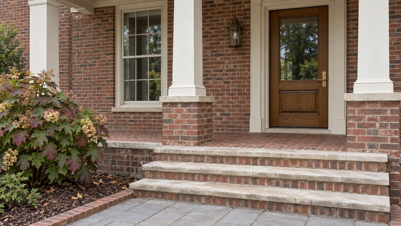Raised red-brick porch with cream columns, an oak glazed entry door, limestone steps and oakleaf hydrangea.