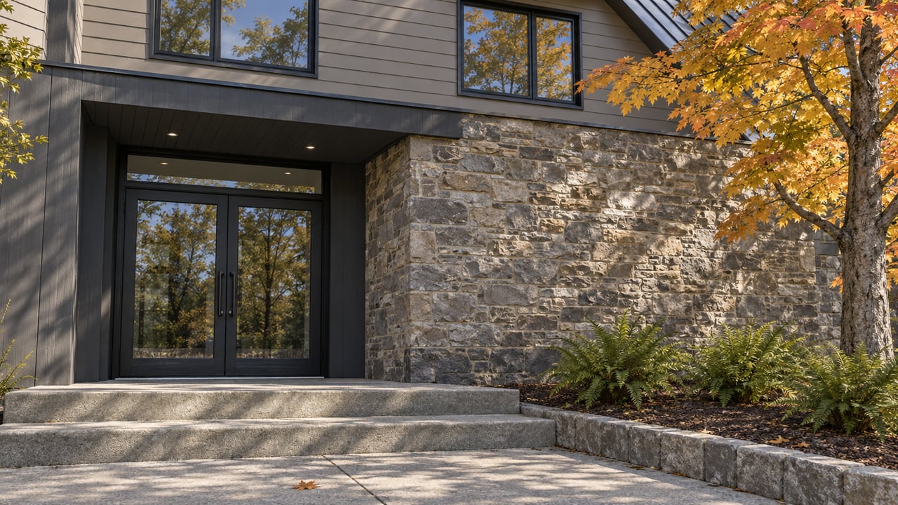 Shared condominium entrance with black-framed glass doors, textured stone, gray siding and an amber-leaved maple.