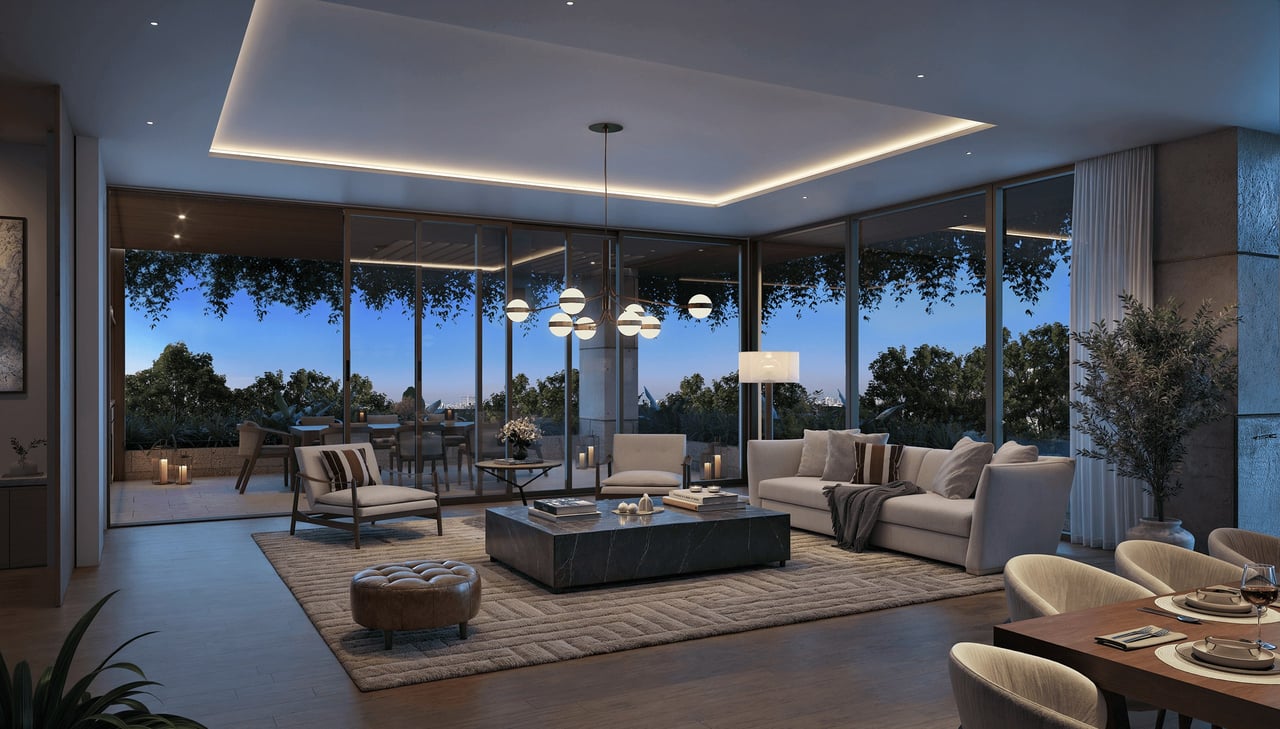 Rendering of a Ziggurat residence living room opening to a landscaped terrace.