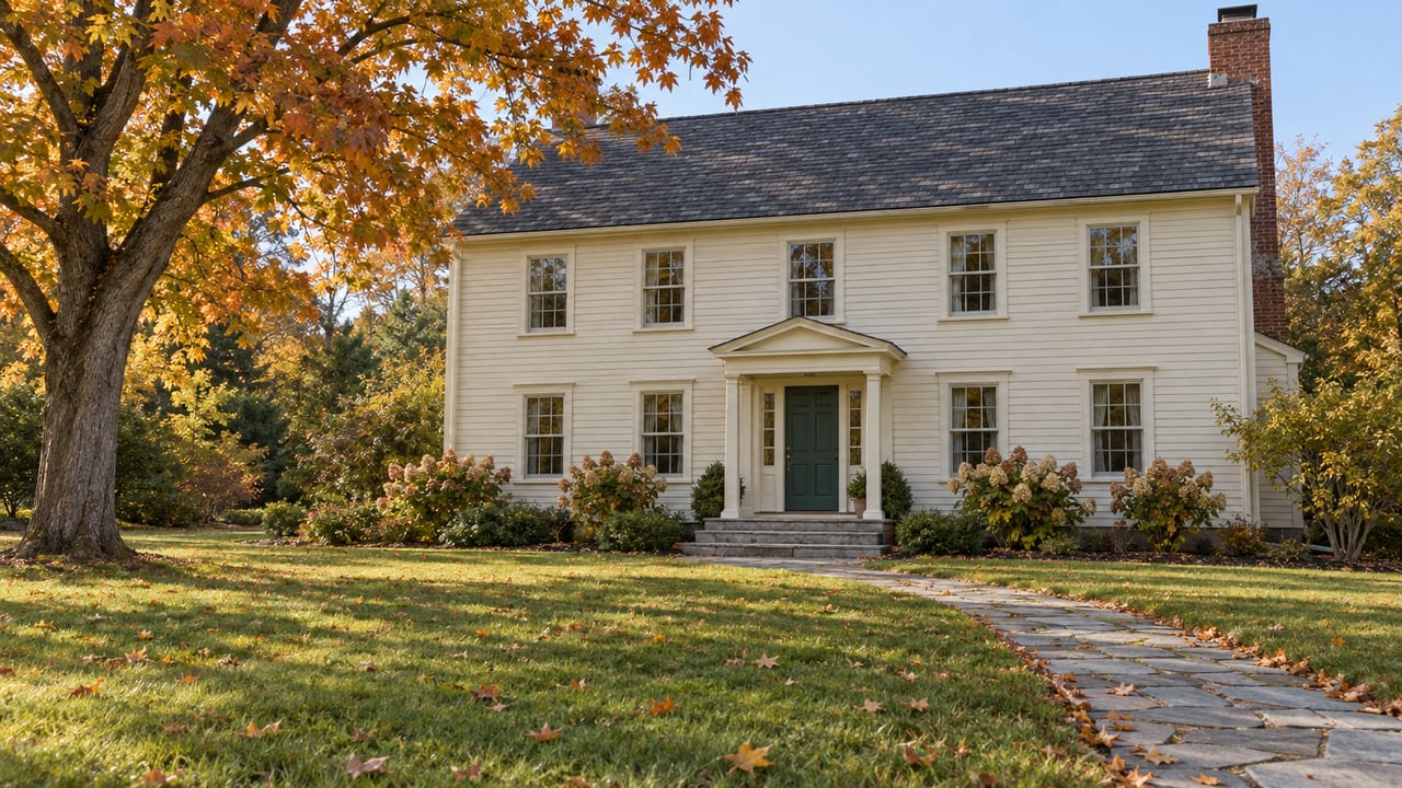 Ivory clapboard country home with a green front door, broad lawn, stone approach, and amber sugar maple in soft autumn sunlight.