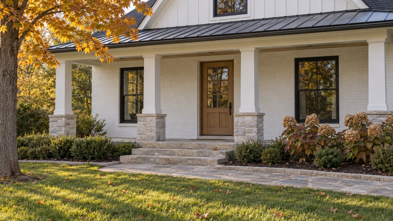 White-painted brick home with an oak entry door, limestone porch steps and an amber maple above a broad autumn lawn.