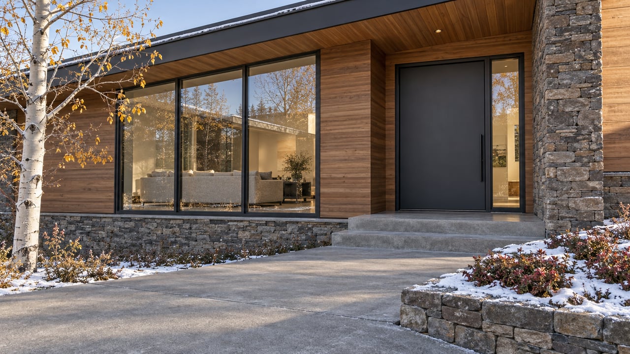 Cedar and stacked-stone home entrance with broad concrete steps, large enclosed windows and light snow beside a white-barked aspen.