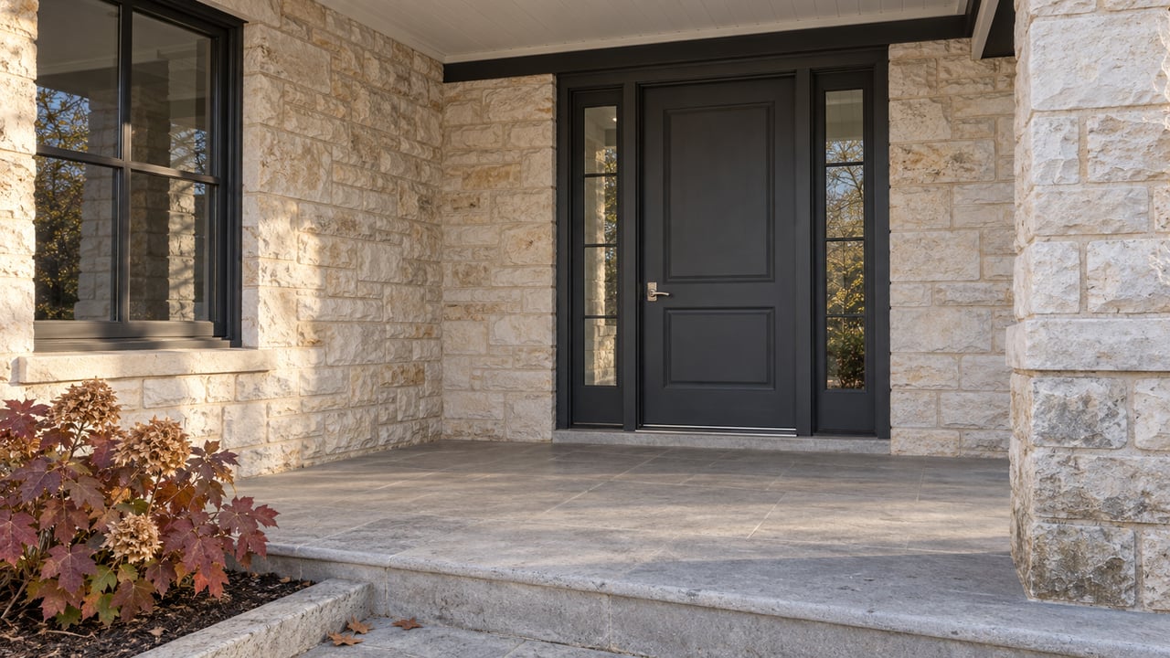 Covered entry with a charcoal door, paired glass sidelights, pale limestone walls, and gray stone steps beside an autumn oakleaf hydrangea.