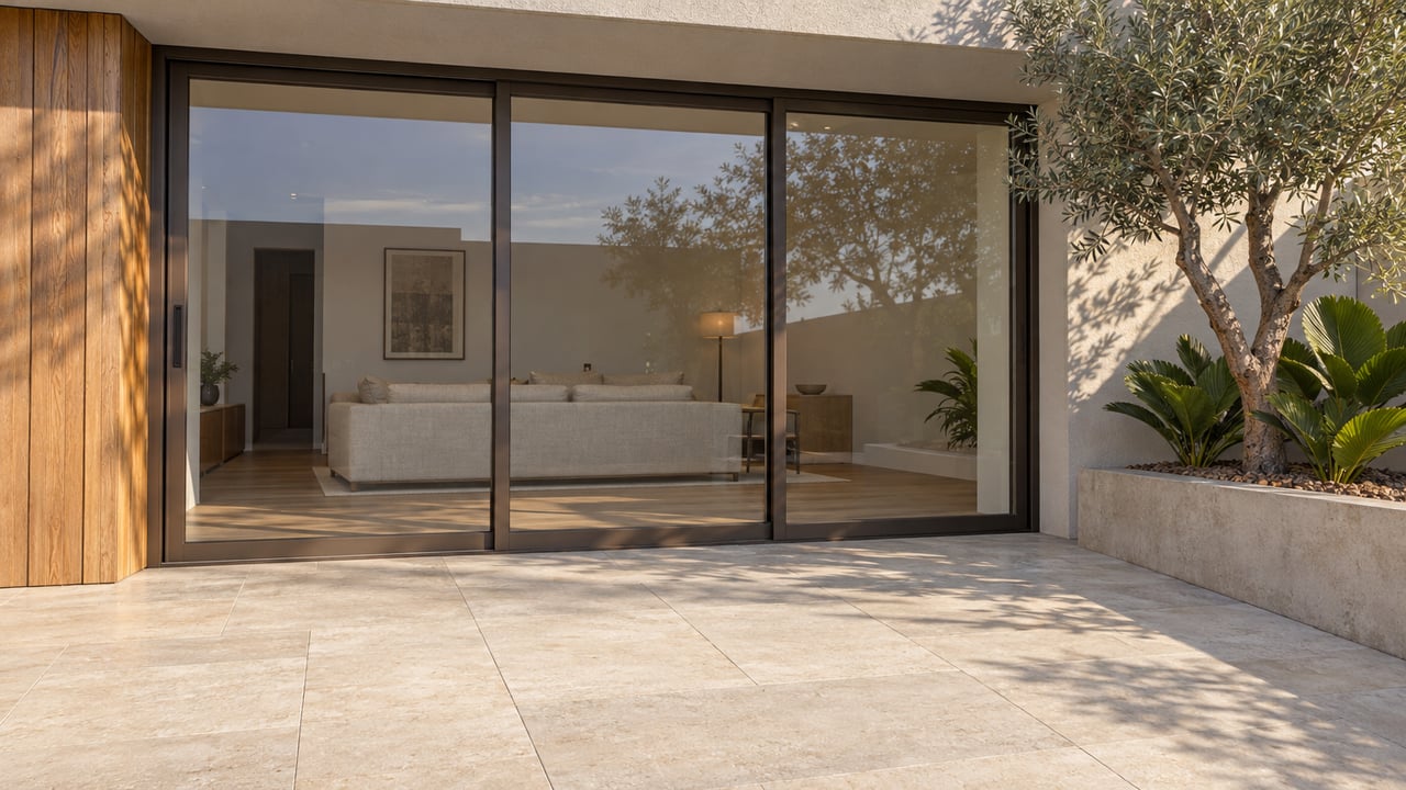 Late-afternoon light across a limestone terrace, bronze-framed sliding doors, cedar cladding, and a raised planter with an olive tree and fan aloes.