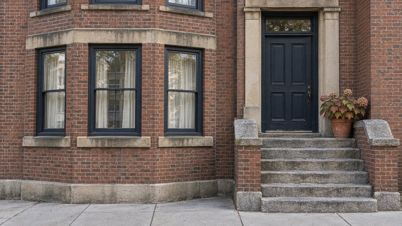 Red-brown brick bay-front facade with dark sash windows, a navy entry door, worn granite stoop, and one potted oakleaf hydrangea.