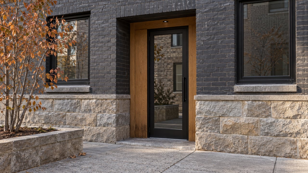 Close view of a condo building entrance with charcoal brick, gray sandstone, black-framed glazing and an oak door surround beside an autumn serviceberry.