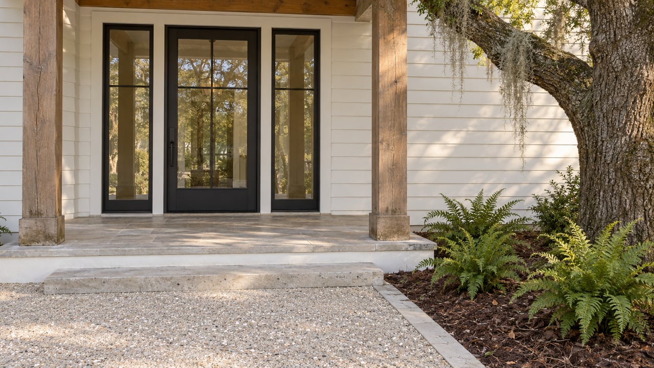 White clapboard home entrance with black-framed glazed door, timber porch supports, limestone steps, and a live oak beside three ferns.