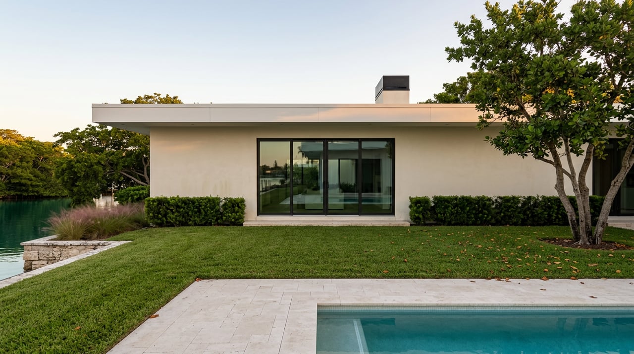 Contemporary waterfront home with glass doors, turquoise pool, lawn, and sculptural tree beside still water.