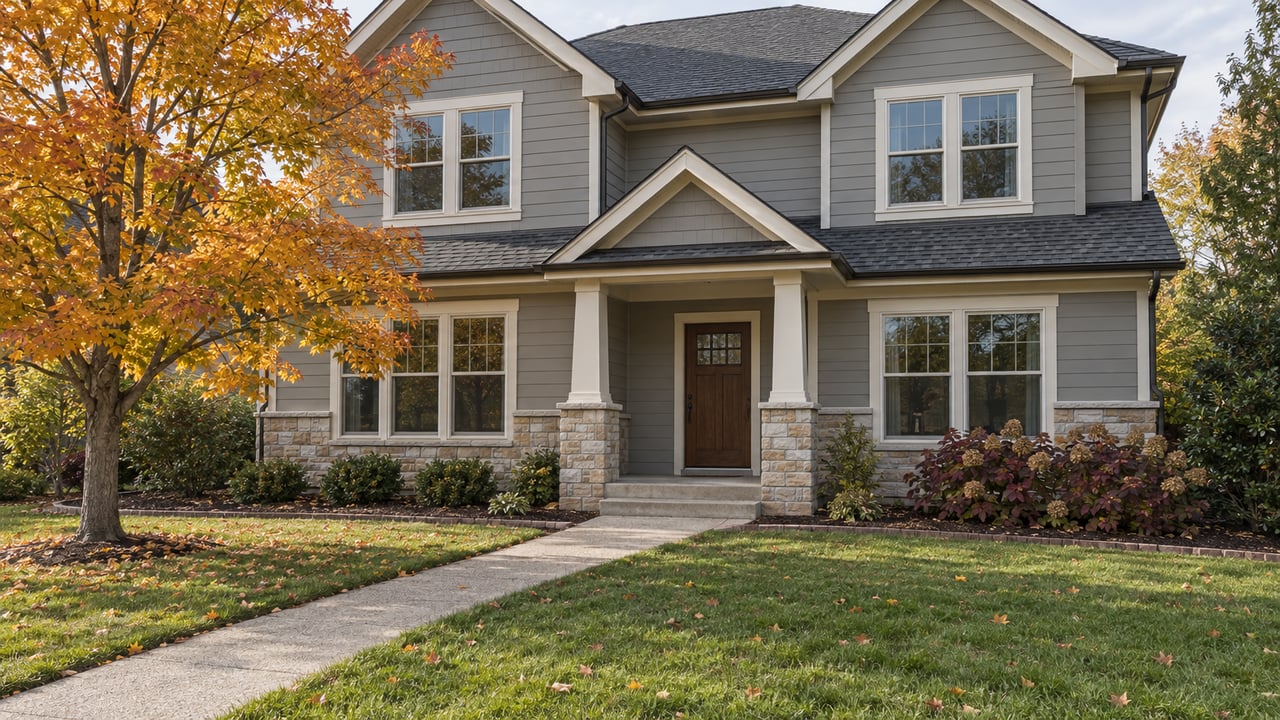 An autumn front lawn leads to a gray two-story home with a covered limestone-accented porch and amber sugar maple.