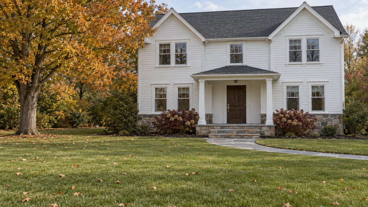 White clapboard two-story home with a stone entry walk, deep green lawn and mature maple with amber autumn foliage.