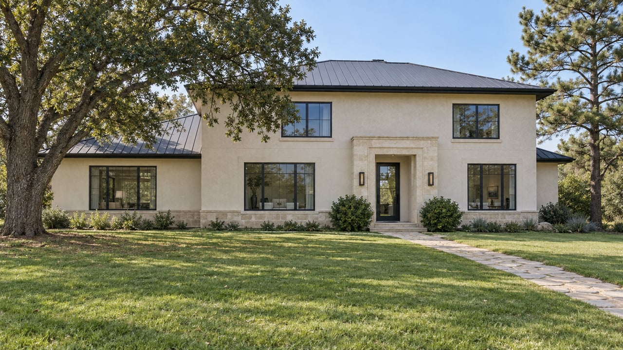 Ivory two-story house with a charcoal roof, limestone entry, and broad lawn framed by mature trees.
