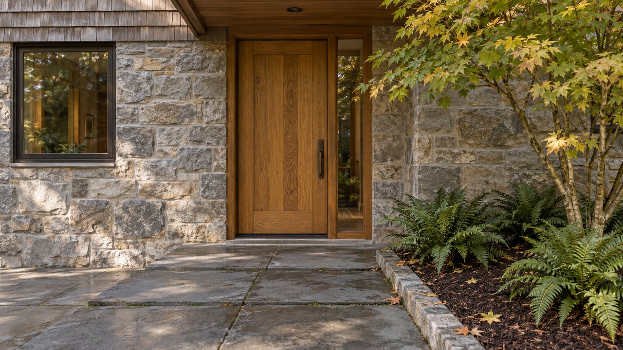 Oak entry door in a stone-and-cedar home, with bluestone steps and an autumn maple in the planting bed.