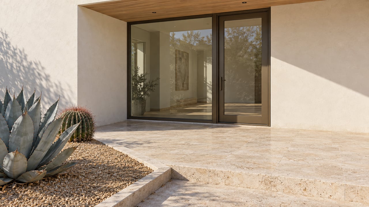 Sunlit ivory-stucco home entrance with bronze-framed glazing, travertine paving, and two sculptural desert plants in a gravel bed.