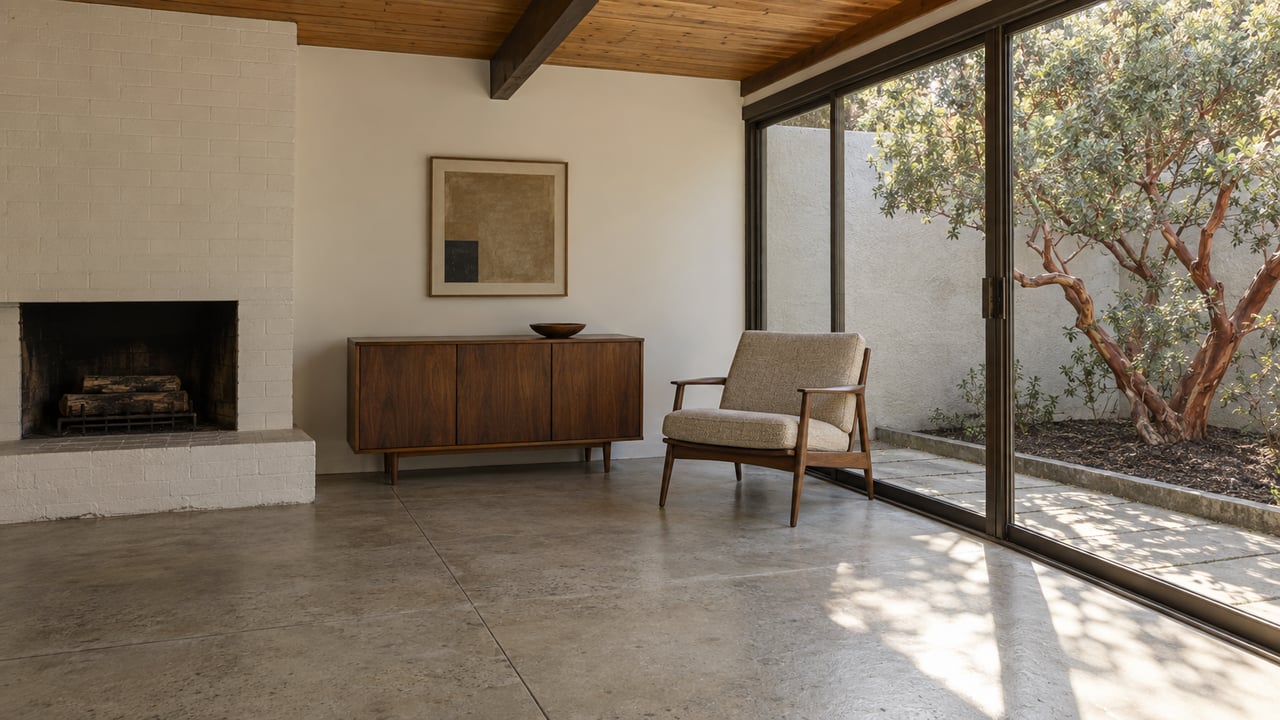 Midcentury living room with a gray concrete floor, walnut cabinet, and glass doors facing a planted court.