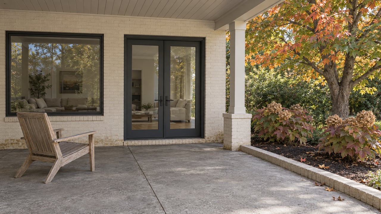 A covered cottage patio with ivory brick, charcoal-framed glass doors, a teak chair and autumn maple and oakleaf hydrangea planting.