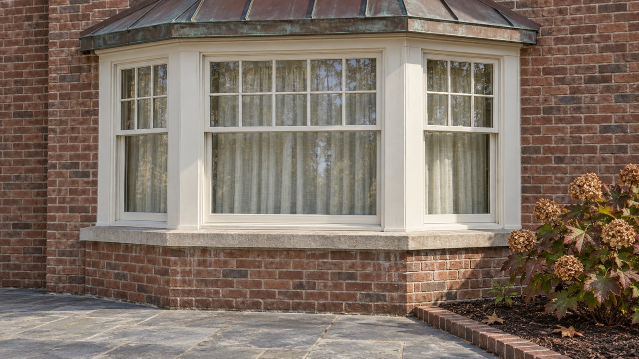 Sunlit brick house with ivory sash windows, a weathered copper bay roof, and oakleaf hydrangea beside a bluestone terrace.