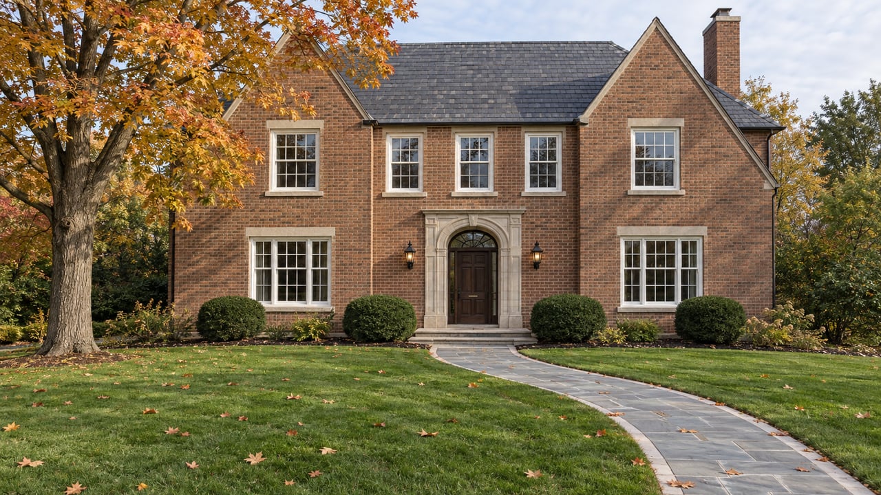 Brick home with a slate roof and limestone entry beyond a deep front lawn, with a mature maple in autumn color.