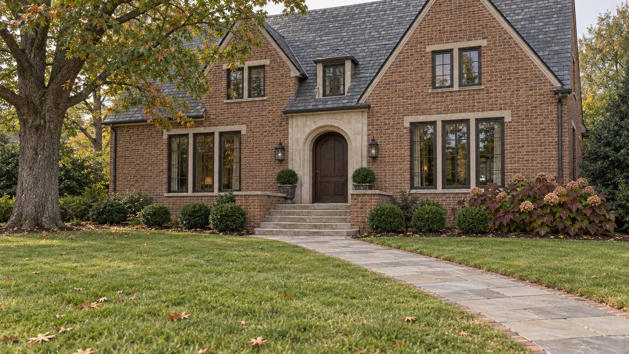 Brick home with a slate roof and arched limestone entry beyond a deep lawn, framed by a white oak and autumn oakleaf hydrangeas.