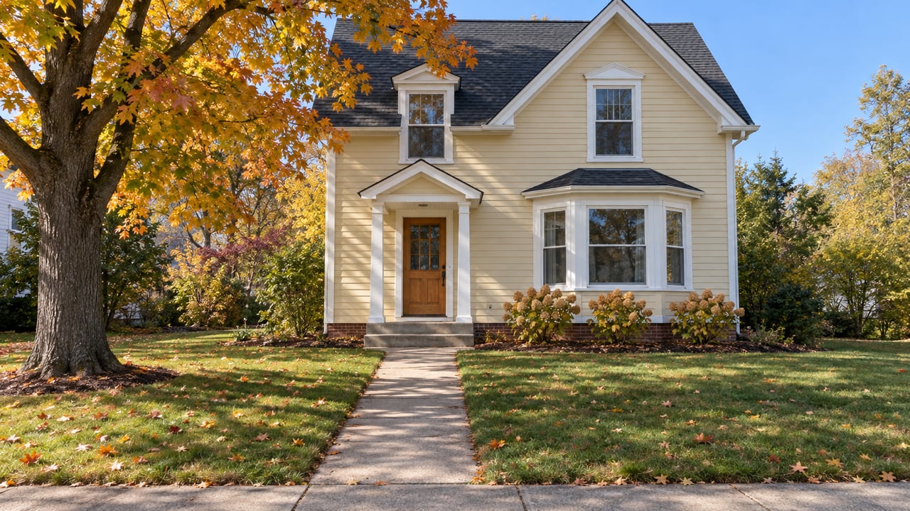 Cream clapboard house with a dark gabled roof, white window trim and a deep autumn lawn beneath a golden sugar maple.