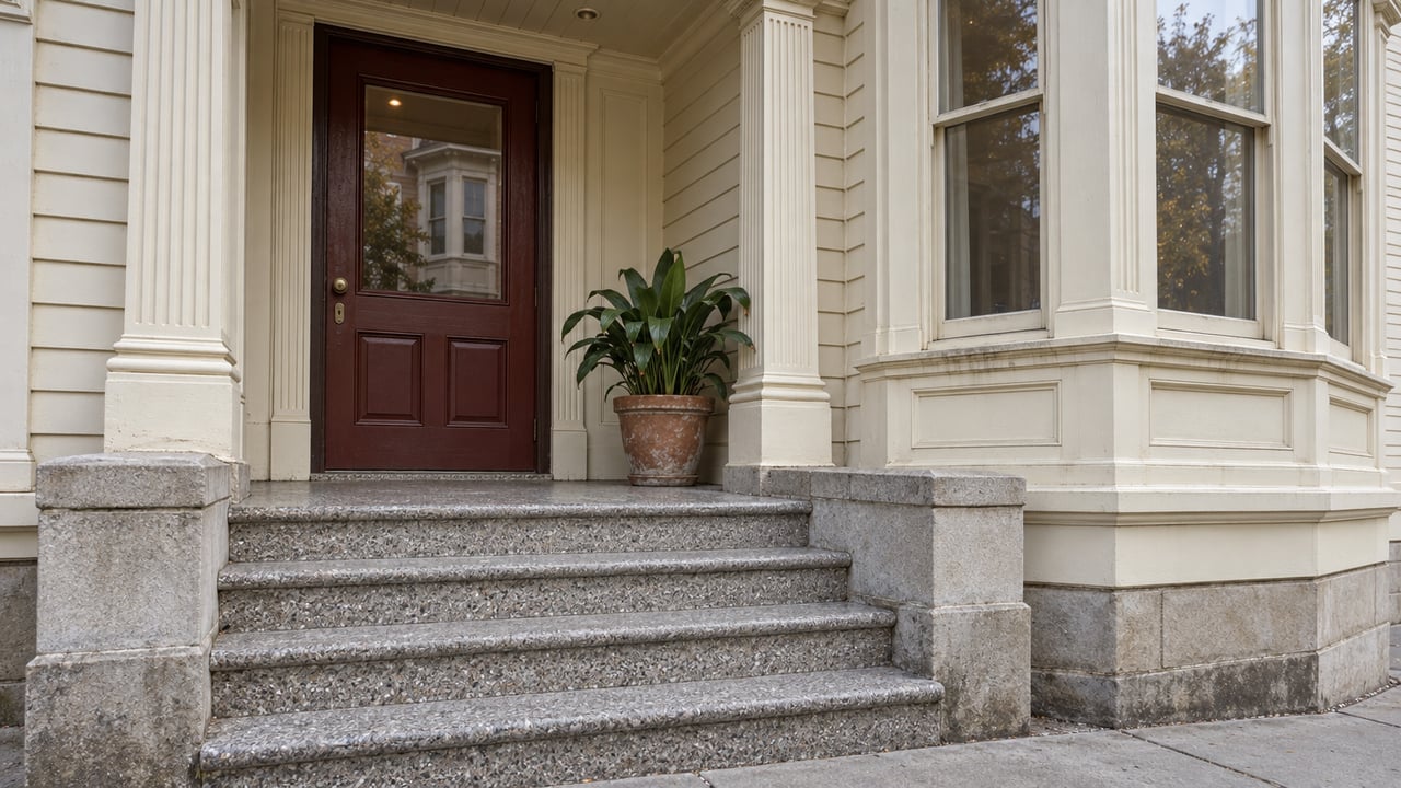 Ivory painted-wood entrance with an oxblood door, worn terrazzo steps, limestone cheeks and a potted cast-iron plant.