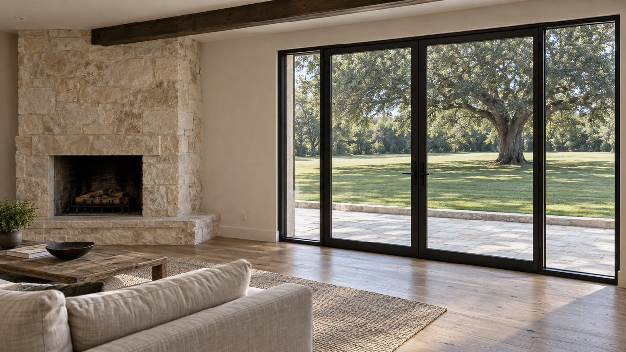 Limestone fireplace and oak living room overlook a deep lawn through black-framed glass doors.