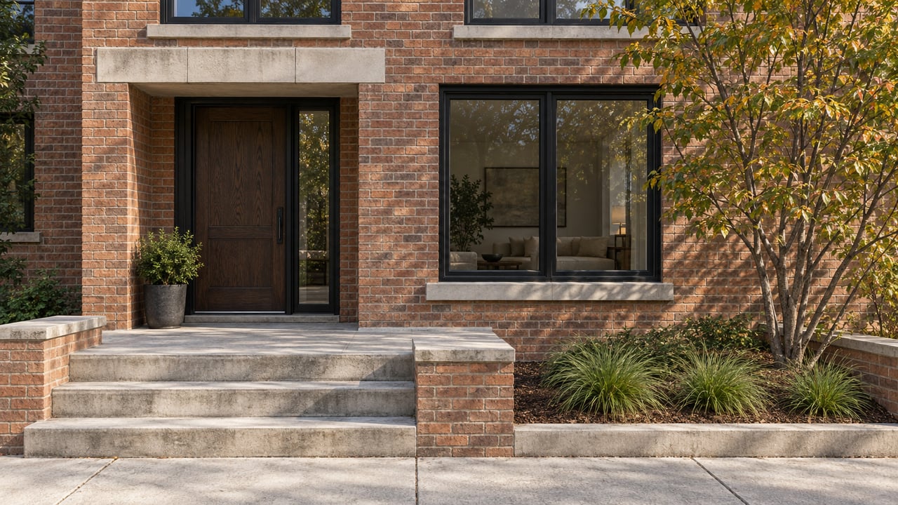 Warm brick townhouse entry with a dark oak door, black-framed windows, worn limestone steps, and an autumn serviceberry tree.