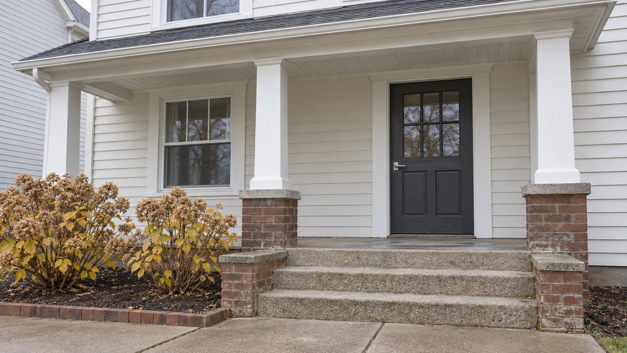 Off-white clapboard home with a covered porch, charcoal glass-paneled door, brick plinths and concrete steps beside two autumn hydrangeas.