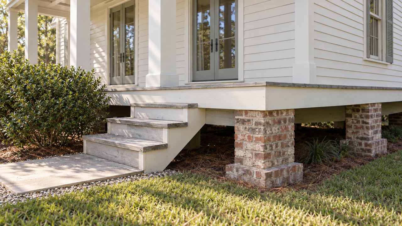 Raised cottage porch corner with off-white clapboard siding, glazed doors, wooden steps, and brick piers.