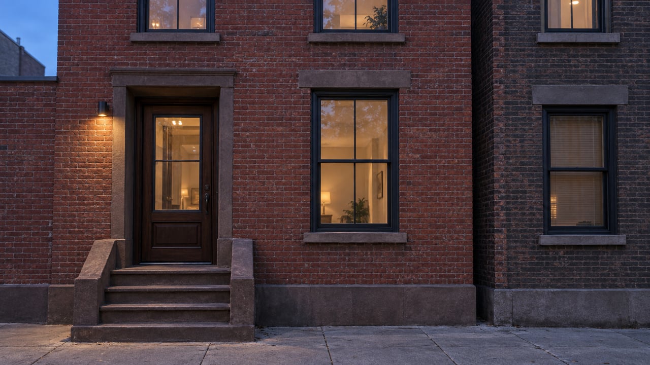 Attached red-brick home with a brownstone stoop, glowing entry light, and warm light behind closed windows.